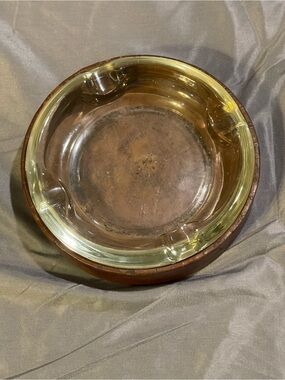 Vintage Mid Century Modern Glass Ashtray with Brown Wood Trim
